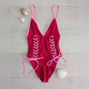 LOVERS & FRIENDS Red One Piece Swimsuit With Pink Lace-Up Detail; Size XXS